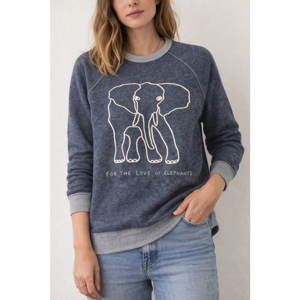 J.Crew “For the Love of Elephants” Sweatshirt • Women’s Small • Blue Graphic Cre - Picture 2 of 8
